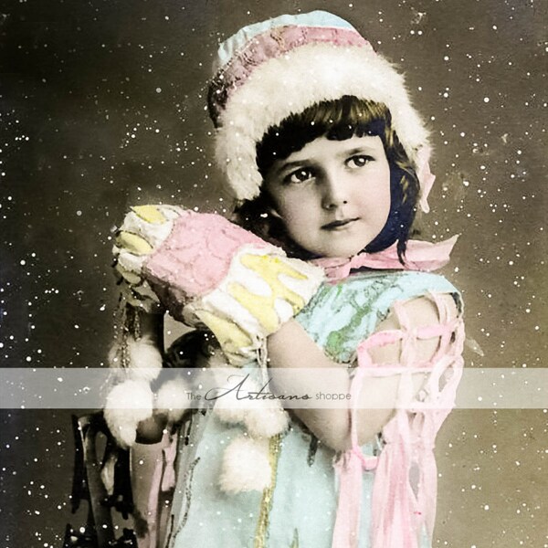 Antique Christmas Portrait Little Girl in Snow Tinted Photograph  - Digital Download Printable Image - Paper Crafts Scrapbook Altered Art