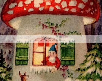 Printable Instant Download - Mushroom Gnome Elf Deer Fawn Christmas Card Art Image - Paper Crafts Scrapbook Altered Art - Gnome Christmas