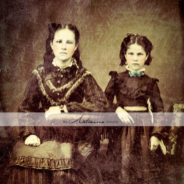 Instant Art Printable Download - Antique Portrait of 2 Girls Sisters Mid 1800's Tintype Hand Tinted - Paper Crafts Altered Art Scrapbooking