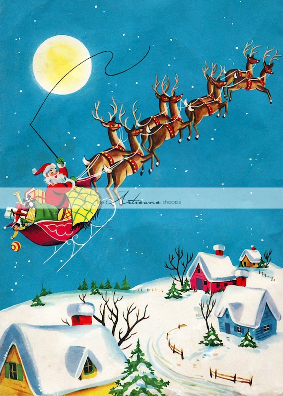 Printable Instant Download Christmas Eve Santa Claus And Reindeer.