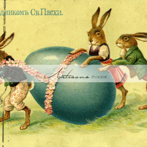 Digital Download Printable - Vintage Russian Easter Postcard - Paper Crafts Scrapbooking Altered Art - Vintage Antique Easter Bunny Egg Card