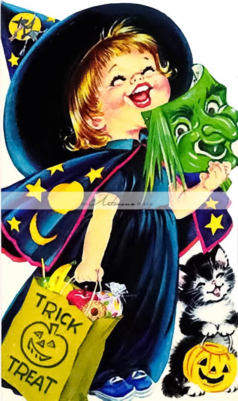 Digital Download Printable Halloween Witch Retro Cute Kitsch Etsy