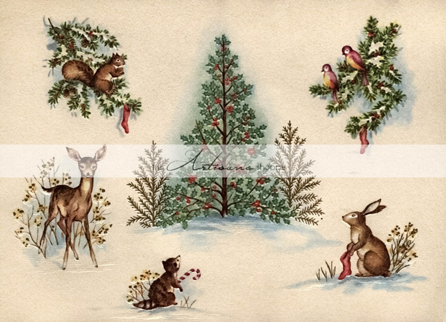 Download Woodland Christmas Deer Rabbit Birds Trees Vintage Card ...
