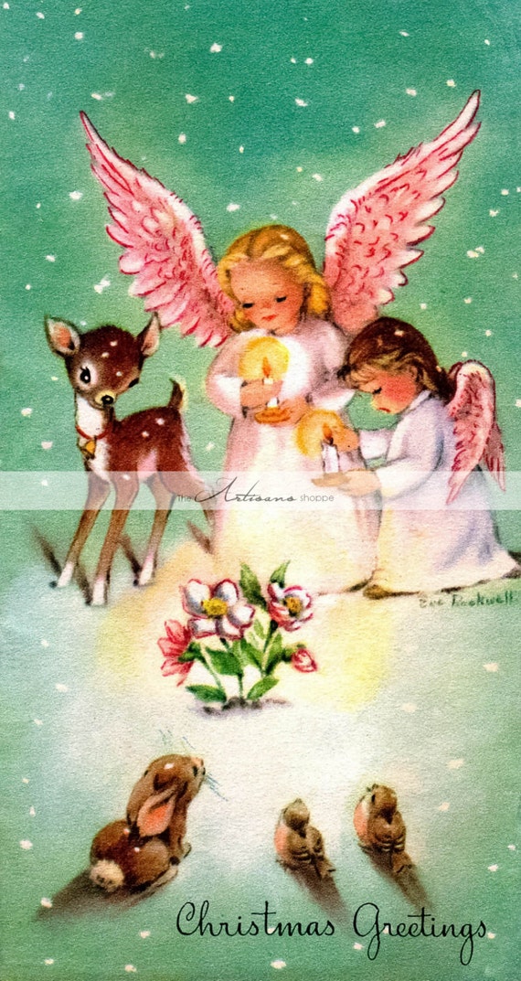 Immagini Di Angeli Di Natale.Angeli Di Natale Carta Baby Deer Fulvo Neve Vintage Antico Etsy
