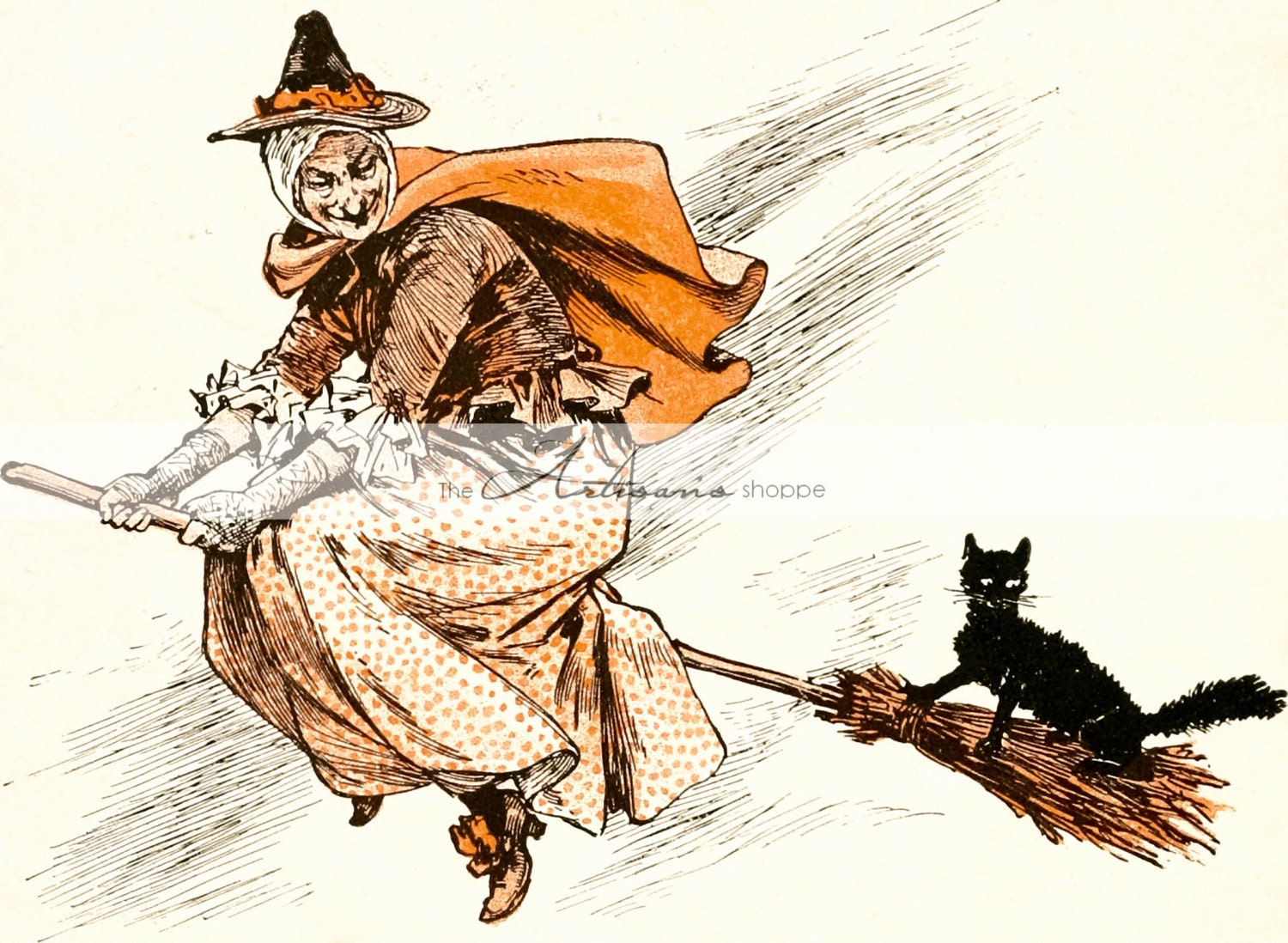 Witch Flying Broom Halloween Vintage Antique Art Image | Etsy