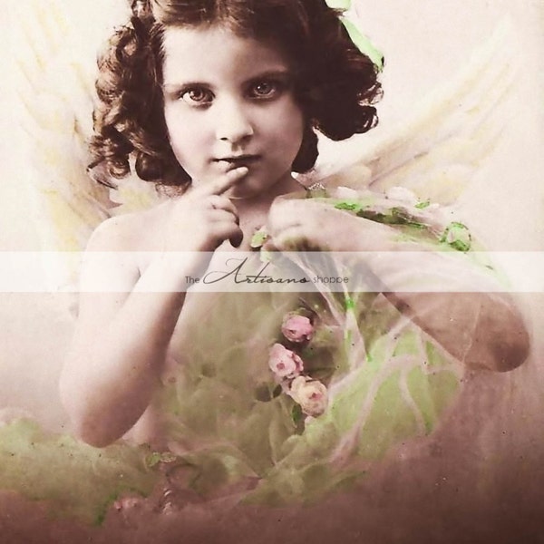 Digital Download Printable - Antique Angel Victorian Green Pink Angel Girl Portrait - Paper Crafts Scrapbooking Altered Art - Vintage Photo