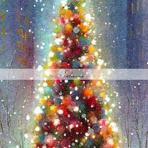 Instant Printable Download - Christmas Tree Vintage Card Sparkling Snow - Paper Crafts Altered Art Scrapbook - Colourful Christmas Tree