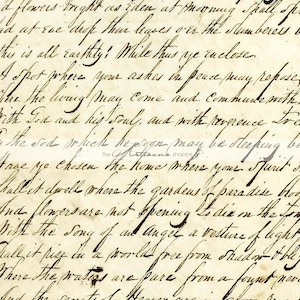 May include: A handwritten poem on aged paper, featuring elegant cursive script. The text is in black ink, with visible ink bleeds and variations in line thickness. The paper has a warm, yellowish tone, suggesting age and a vintage aesthetic. The poem's theme is likely spiritual or reflective.