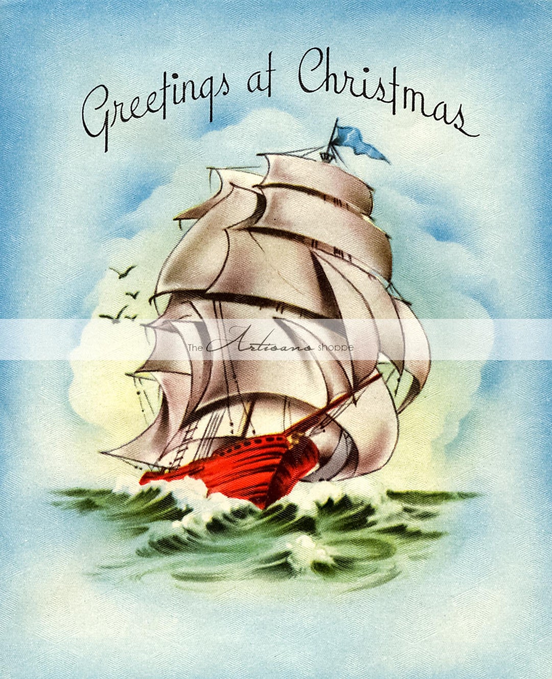 Printable Instant Download Christmas Card Sailing Ship Nautical Ocean ...