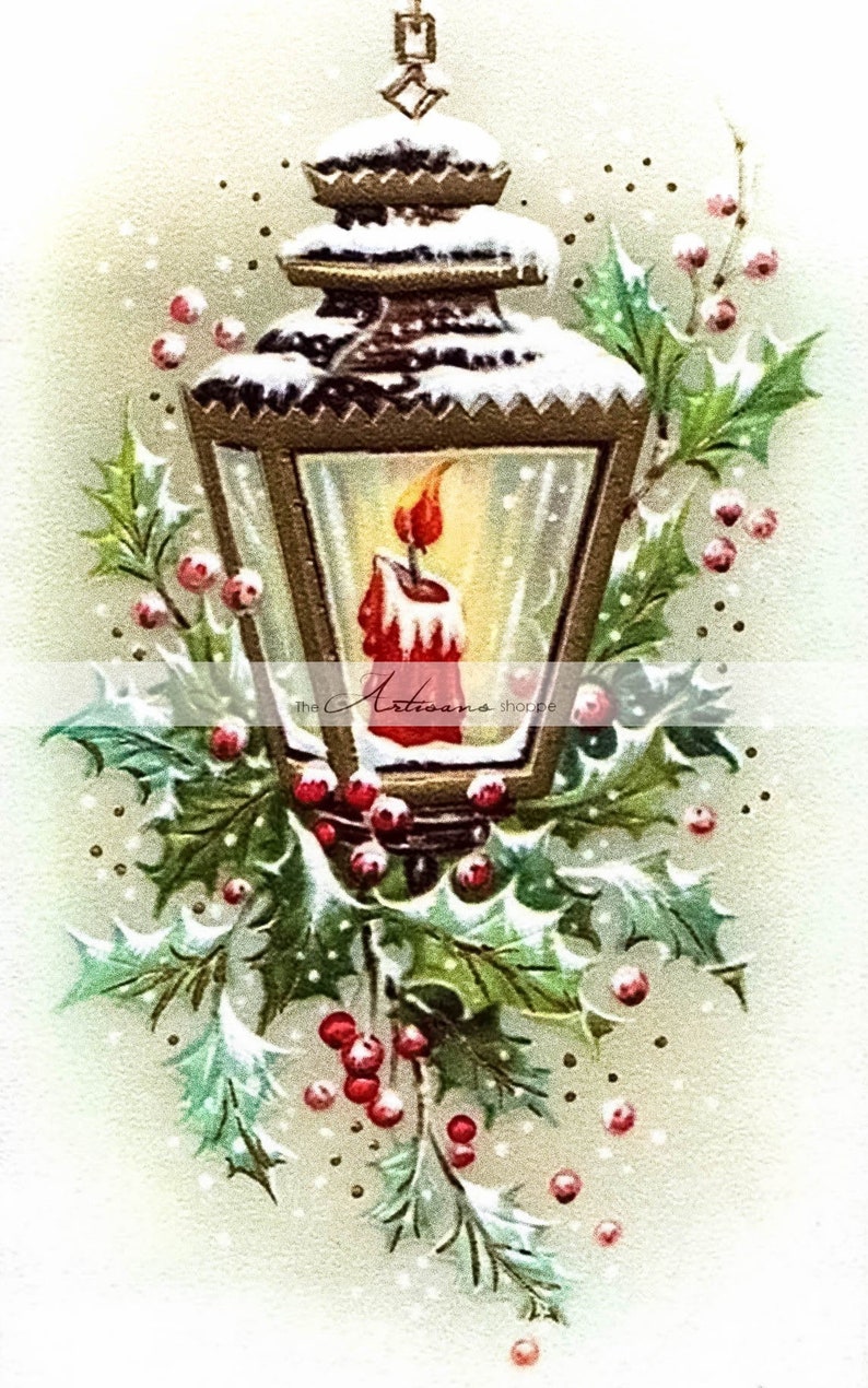 Digital Download Printable Christmas Card Lantern Candle Snow Holly Berry Vintage Antique Art Image Paper Crafts Scrapbook Altered Art image 1