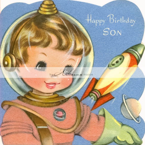 Space Boy Birthday Son Card Retro Vintage Happy Birthday Card Etsy