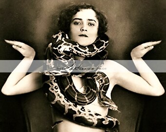 Printable Instant Download - Serpent Girl Snake Medusa Vintage Portrait Photograph - Paper Crafts Scrapbooking Altered Art - Woman & Snakes