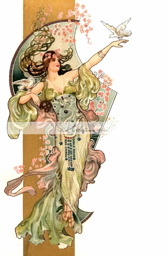 Instant Art Printable Download Dove Love Art Nouveau Woman ...