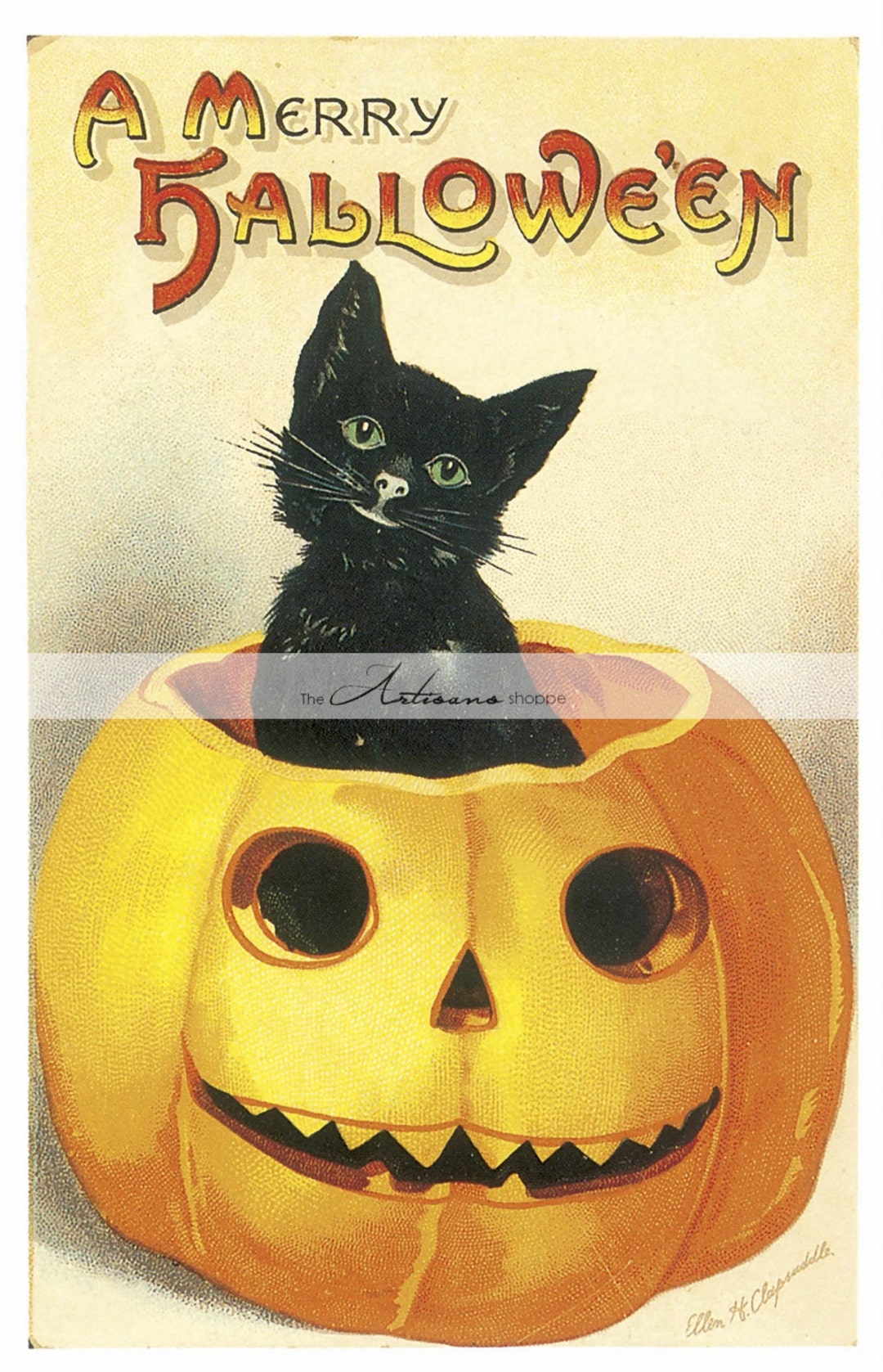 Instant Download Printable Halloween Black Cat in Pumpkin Vintage ...