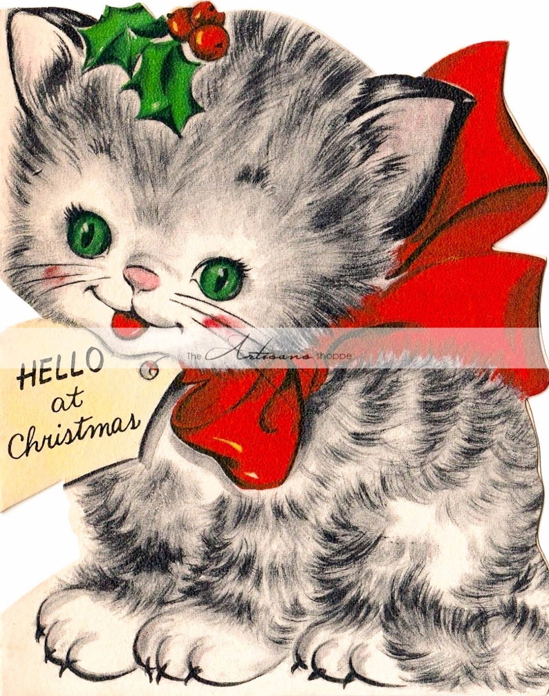 Printable Instant Download , Vintage Christmas Kitten Card Image , Paper Crafts Scrapbook Altered Art , Vintage Cute Cat Kitty Christmas Art