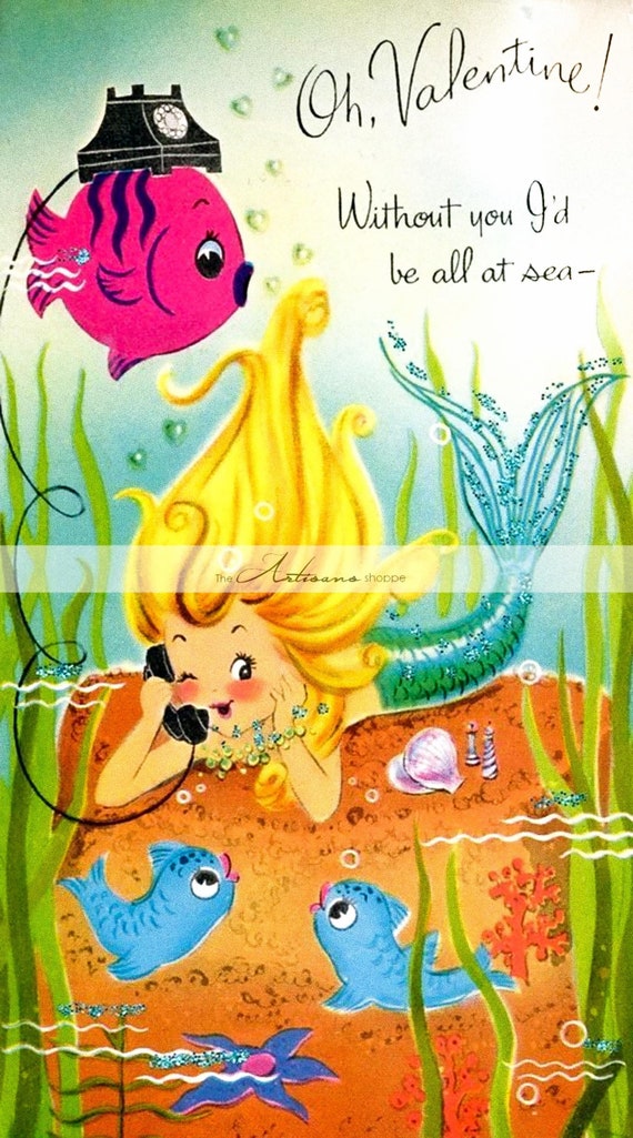 mermaid valentine cute mermaids card vintage antique art