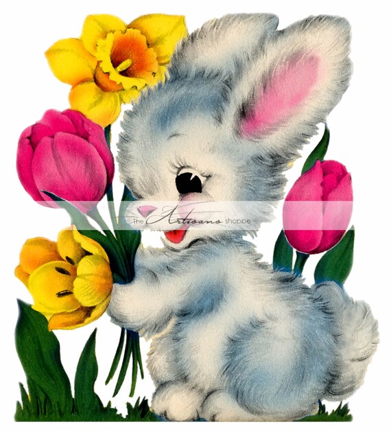 Vintage Easter Bunny Tulips and Daffodils Digital Download | Etsy