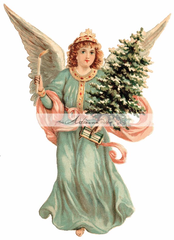 Instant Printable Download Victorian Christmas Angel With Tree and
