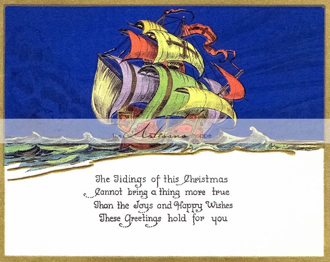 Printable Instant Download Vintage Nautical Christmas Sailing Ship Card ...
