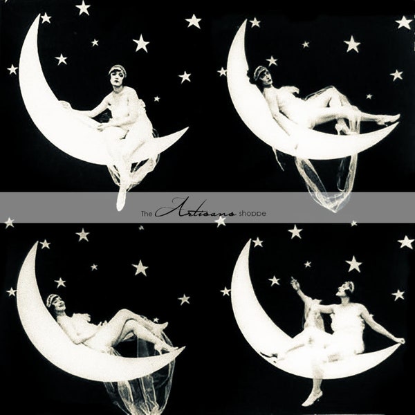 Printable Instant Download - Paper Moon Lady Stars Quadriptych Collage Antique Vintage Photography - Altered Art Paper Crafts Scrapbooking