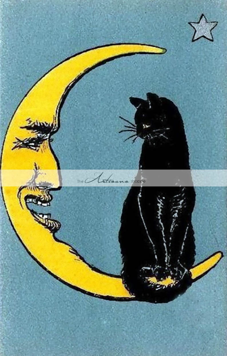 Digital Download Printable Art Vintage Black Cat on Moon | Etsy