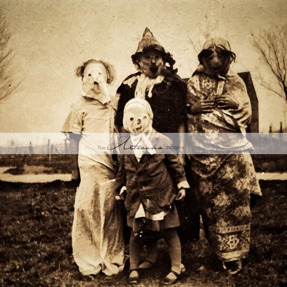 Trick or Treat Creepy Scary Halloween Costumes Antique Photograph , Instant Art Printable Download , Altered Art Scrapbook Paper Crafts