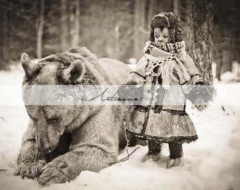 Printable Art Download - Little Boy Big Bear Antique Photograph - Paper Crafts Altered Art Scrapbook - Winter Grizzly Bear Child Forest Snow