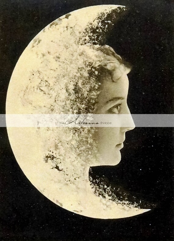 Moon Face Luna Woman Astrology Night Antique Vintage Photography , Digital Download Printable Image , Paper Crafts Scrapbooking Altered Art
