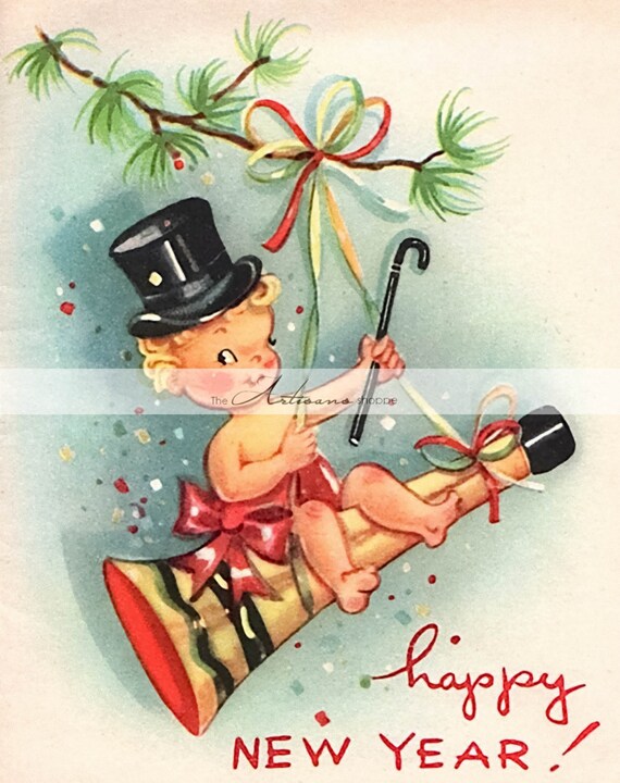 Printable Instant Download New Year'S Baby Happy New Year Vintage.