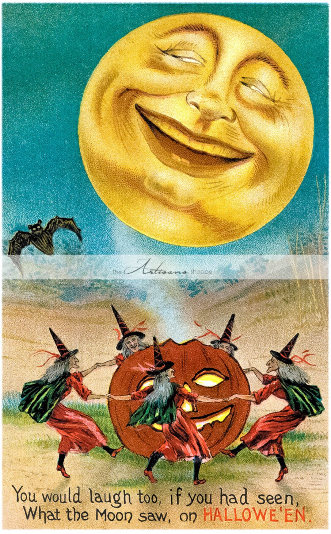 Moon Witch Dance Bats Pumpkin Jack O'lantern Vintage - Etsy