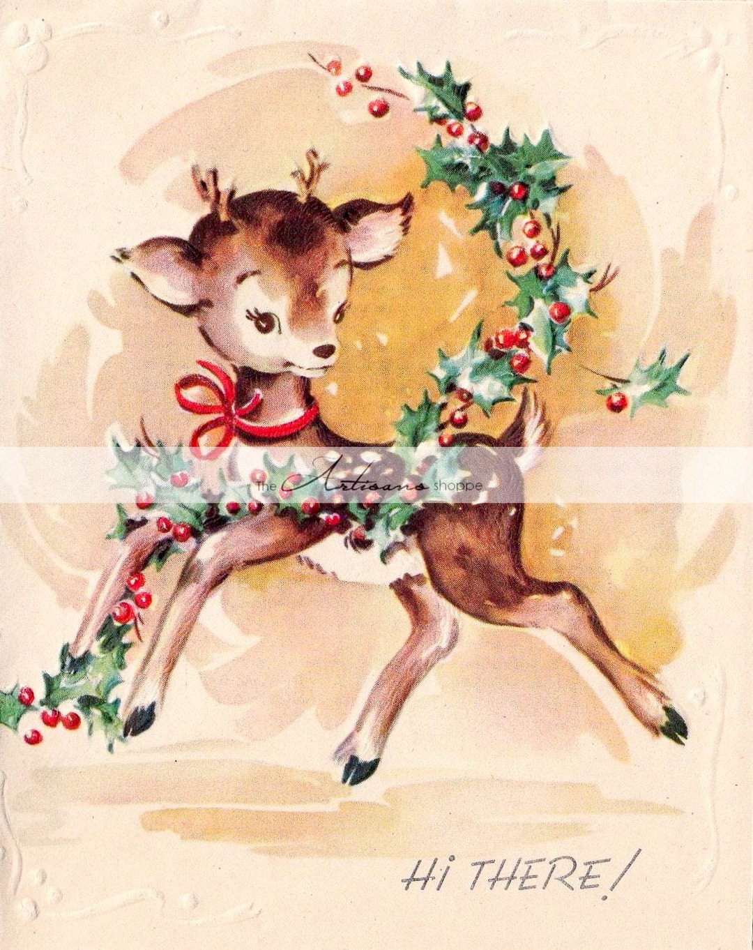 Vintage Christmas Fawn Deer Holly Berries Card Image Digital Download ...