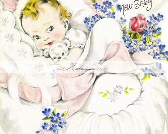 Digital Download Printable Art - Welcome New Baby Newborn Baby Shower Card Image - Paper Crafts Scrapbook Altered Art - Antique Baby Card