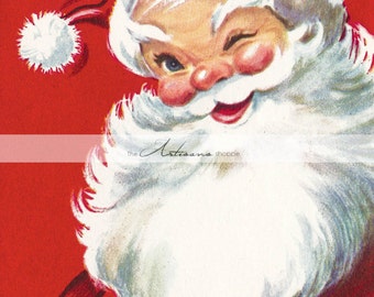 Vintage Christmas Santa Claus Wink Card - Instant Art Printable Download - Scrapbooking Paper Crafts Image Transfer Altered Art - Red Santa