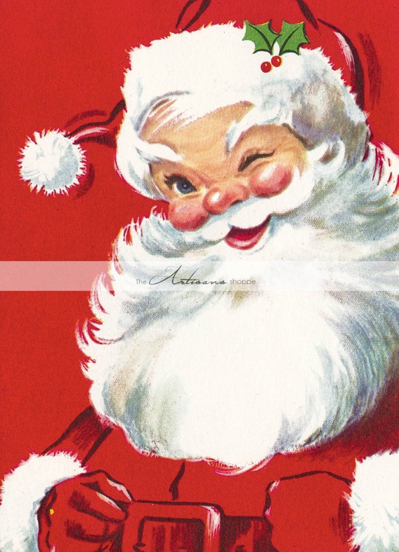 Vintage Christmas Santa Claus Wink Card Instant Art | Etsy