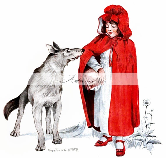Little Red Riding Hood And Wolf Fairy Tale Antique Vintage Art Etsy