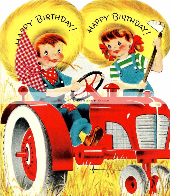 Vintage Happy Birthday Children Tractor Country Kids Digital Etsy