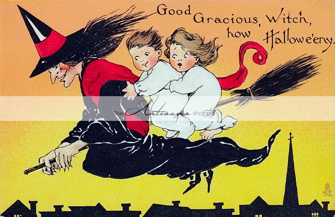 Printable Instant Download Witch Halloween Children Broom Flying ...