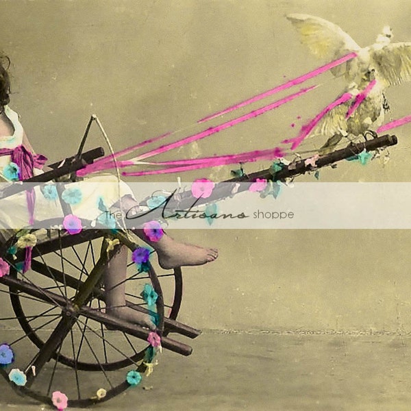 Printable Art Instant Download - Angel Chariot Girl Flowers Doves Hand Tinted Antique Photograph - Paper Crafts Scrapbooking Altered Art