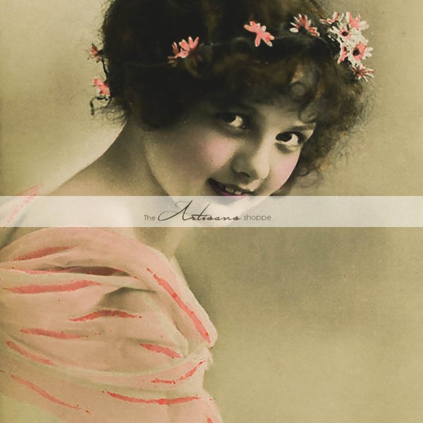 Printable Instant Download - Vintage Girl Victorian Pink Flowers- Paper Crafts Scrapbook Altered Art - Antique Hand Tinted Photography