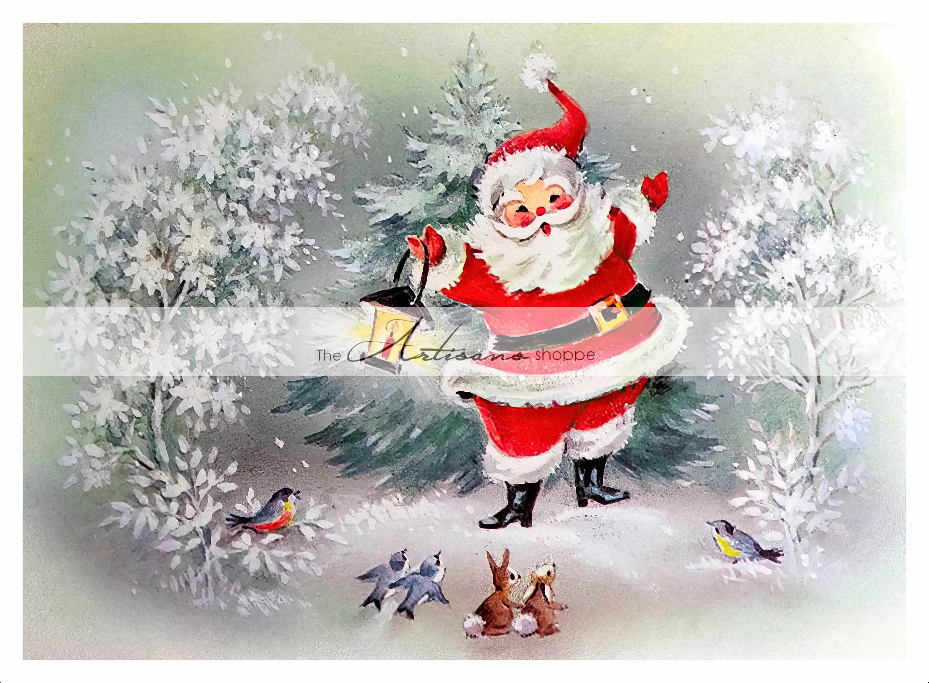 動物たちとクリスマスサンタのヴィンテージアート画像（デジタル