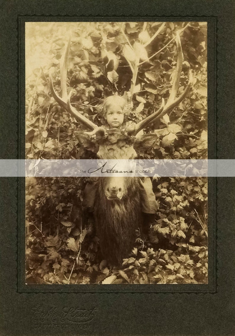 Instant Download Printable Art Child Deer Head Buck Antlers Antique Photography Altered Art Paper Crafts Scrapbook Woodland Portrait image 1