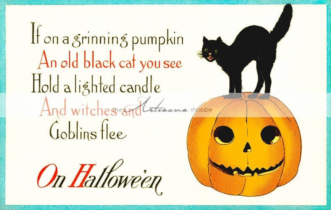 Halloween Jack O'lantern Black Cat Antique Post Card Art Image Digital ...