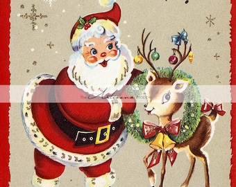 Vintage Santa Reindeer Christmas Card Image: Retro Kitsch Art (Digital Download)