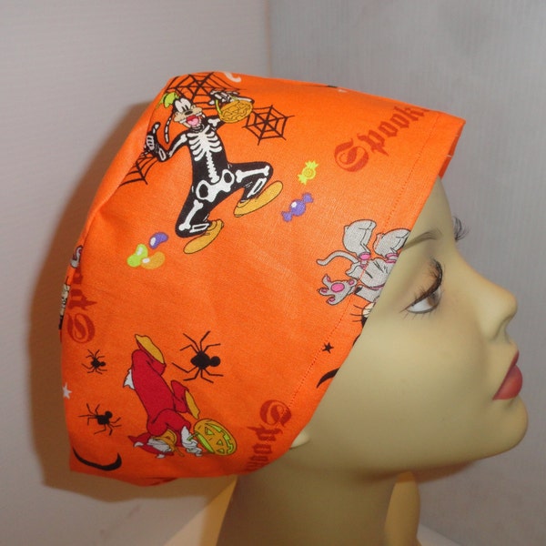 Ladies scrub hat, surgical hat, chemo hat, long or short hair, Spooky Mickey, Minnie, Pluto, Donald Duck Halloween elastic in back