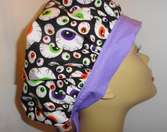 Ladies bouffant scrub hat, surgical hat, chemo hat, eye balls/light purple band/long ties in back/long or short hair/no elastic/ limited