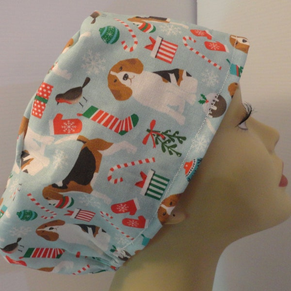 Ladies scrub hat, surgical hat, chemo hat, cute little Christmas theme Beagles , candy canes long or short hair, elastic in back, cotton