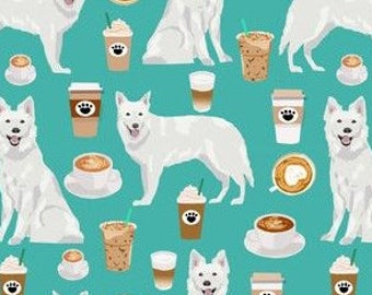 Ladies hat, White German Shepherd dog with coffee  cups, latte, elastic in back, long or short hair, Vashon style, cotton