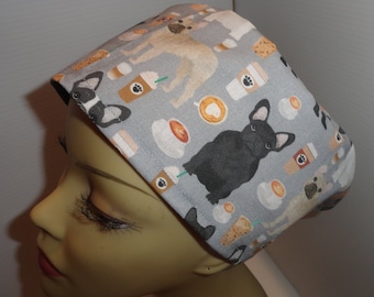 Ladies scrub hat, French bulldogs, surgical hat, chemo, long or short hair, coffee cups, charcoal, elastic in the back, Vashon style