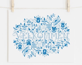 Velkommen (Norwegian Welcome) Modern Nordic Print, Norwegian Scandinavian folk art, A Happy Welcome! 8"x10" or 11"x14"