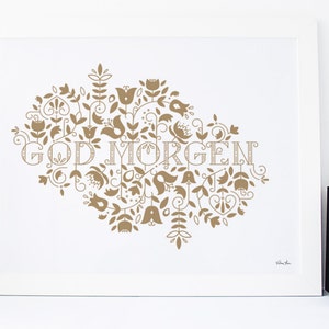 11x14 "GodMorgen" (Good Morning) Nordic Risograph Print (Limited Edition) in metallic gold, Norwegian Scandinavian modern folk art